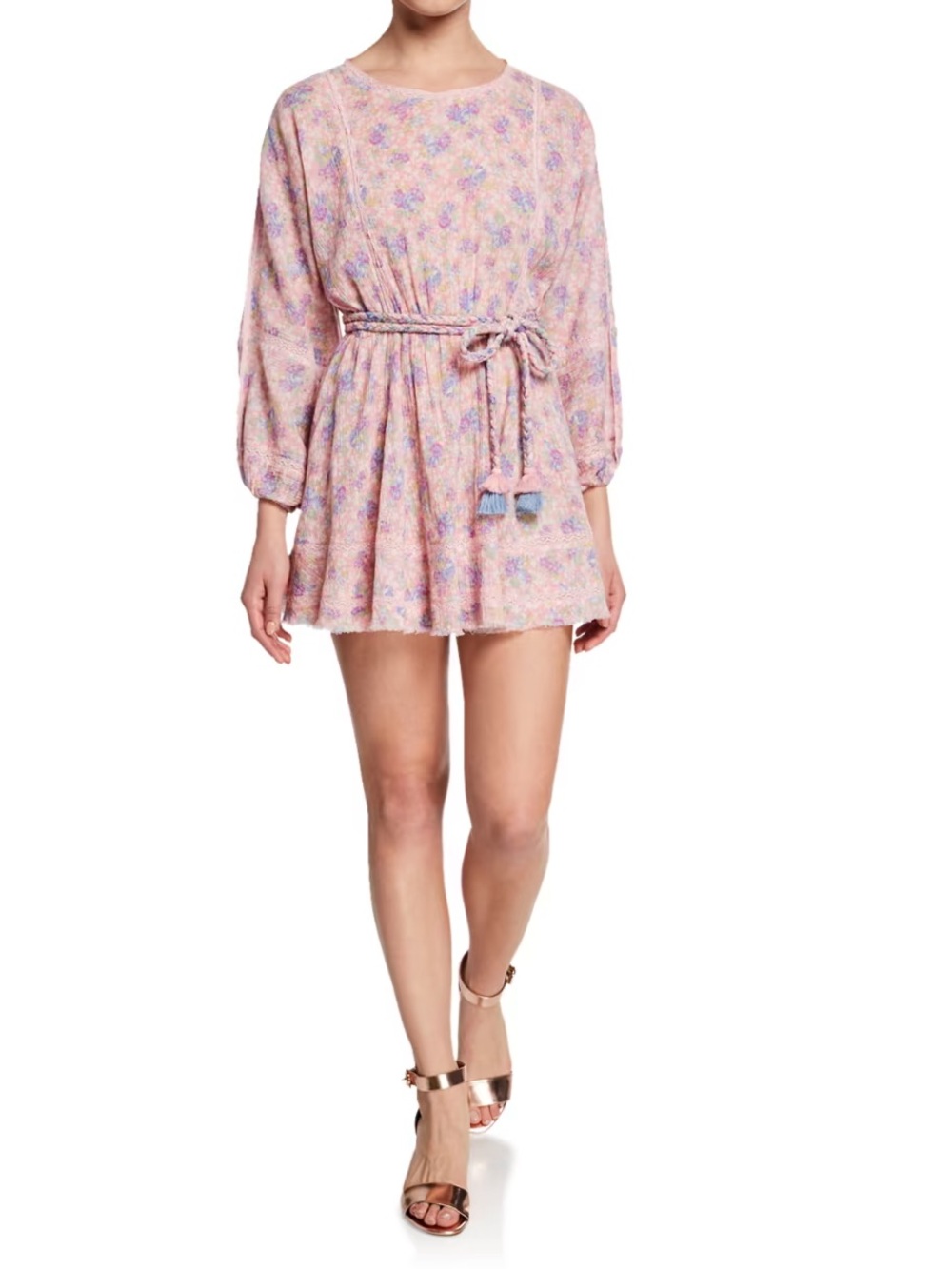 Noelle Long-Sleeve Belted Floral Short Dress